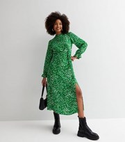 New Look Green Abstract High Neck Long Puff Sleeve Midi Dress